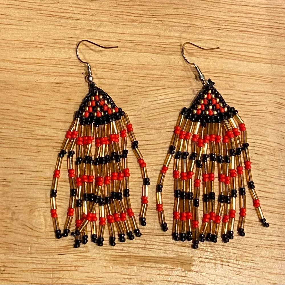 Red, Black & Gold Beaded Fringe Earrings